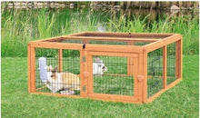 Outdoor small animal cage and run extension with brown wood frame, wire mesh panels, front door