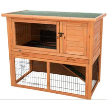 Wooden small animal hutch with two front doors and wire lower run, brown