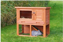 Wooden small animal hutch with slanted roof and wire enclosure, brown