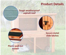Wooden small animal hutch detail: asphalt roof, metal latches, pull-out tray