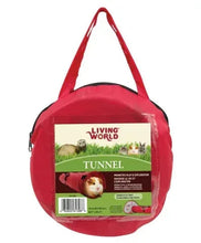 Red fabric pet tunnel with two open ends and carry handle
