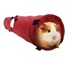 Red fabric pet tunnel with side opening straps, holding a guinea pig