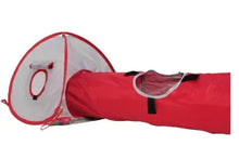 Red fabric pet tunnel with mesh end panel and carry straps, laid open