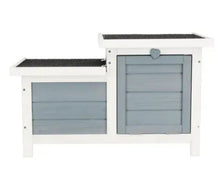 Gray weatherproof small animal house with hinged roof panels and front door
