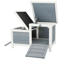 Gray elevated small animal house with open hinged roof, interior view, and ramp