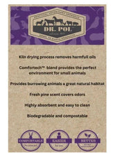 Small animal bedding bag label with purple camouflage pattern and beige panel text