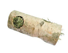 Birch tunnel for small animals with hay, tan bark tube and green hay at end