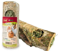 Birch hay tunnel with retail box, tan bark tube with green hay-filled opening
