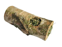 Birch hay tunnel for small animals, tan tube with hay-filled circular opening