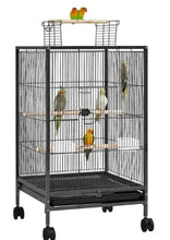 Black wire bird cage with wooden perches and several small birds, on caster wheels