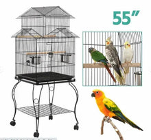 Black rolling bird cage with triple roof, two platforms, perches, and attached feeders