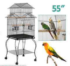 SMILE MART Metal Rolling Bird Cage with Triple Roof Detachable Stand for Birds Finches Lovebirds Canaries Cockatiels Conures Parakeets, Black