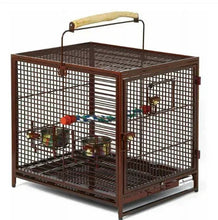 Brown bird cage with front double doors, wire mesh, and top handle perches