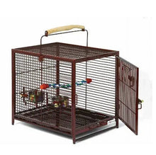 Brown avian cage with side door open, wire mesh walls, and interior platforms