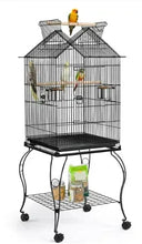 Rolling metal parrot cage with open top, black wire, door and stand on wheels