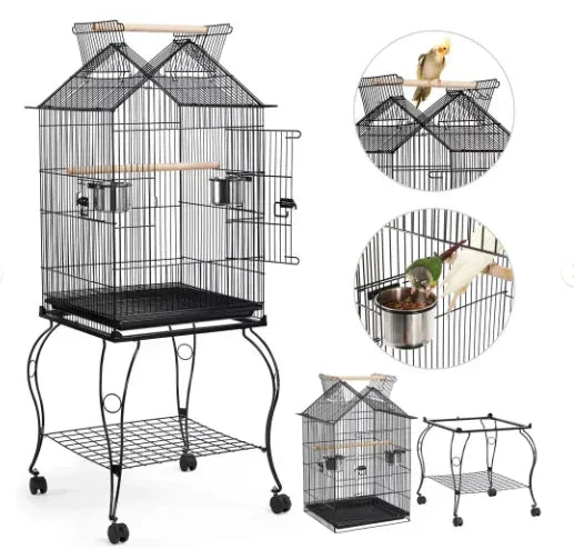 SMILE MART 57" Rolling Metal Parrot Cage Bird with Open Top, Black