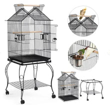 Rolling metal parrot cage set with accessories, open top, black wire on wheel stand