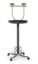 Black metal bird playstand with round tray, two feeder bowls, and wheeled base
