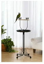 Small bird playstand with round tray, two feeders, and black metal wheeled base