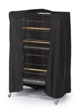 Black birdcage cover with open front, showing cage bars inside