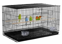 Black wire bird cage with lower base tray and open front, perches inside.