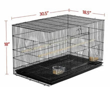 Black wire bird cage with slide-out tray, front view with size markers.