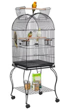 Black metal bird cage with open top, rolling stand, perches and feeding cups.