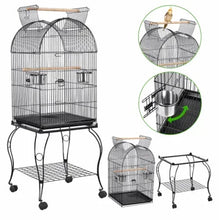 Black metal bird cage with open top and wheeled base; includes feeder and bowl details.