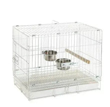 White wire travel pet cage with front door, perch bar, and bowls