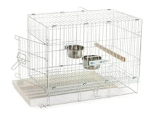 White wire travel pet cage with front door and metal feeding bowl
