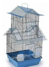 Multi-level metal bird cage with blue plastic base and doors, wire bars and perches