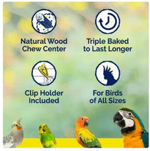 Pet bird treat with natural wood chew center, triple baked, clip holder included
