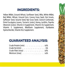 Bird treat nutrition panel with ingredients and guaranteed analysis text.