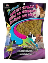 Millet spray bird treat pouch, brown seed mix with colorful front label