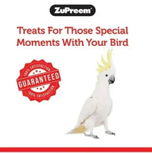Zupreem bird treats guarantee label with white cockatoo illustration