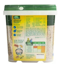 Wild Harvest parakeets seed mix pouch, back label with directions and table