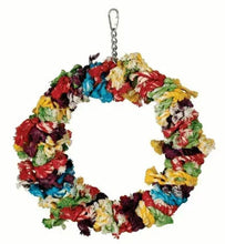 Multicolored cotton snuggle ring bird toy with fluffy rag tassels and metal loop