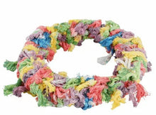 Pastel and bright multicolored cotton snuggle ring with fuzzy fringed edges and loop