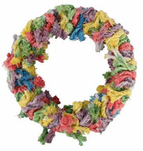 Colorful cotton snuggle ring bird toy with dense fluffy pom-pom fringe and metal loop