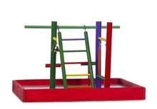 Parakeet playground with green posts, red base, ladder and colorful perches