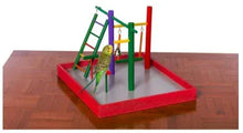 Parakeet playground on red base with green ladder, purple post, and hanging toys