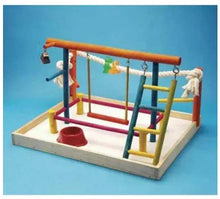 Wood bird playpen with red base, ladders, perches, and hanging toy chains