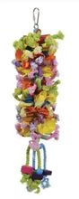 Hanging bird toy with colorful fabric ribbons and knotted cotton ropes
