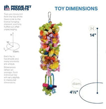 Hanging colorful bird toy with layered fabric pieces and dangling rope beads
