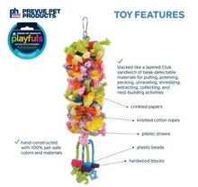 Hanging bird toy with colorful fabric layers, crinkled paper, and knotted ropes