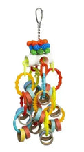 Hanging bird play toy with colorful plastic rings and metal chain, paper tube core