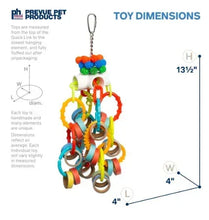 Hanging bird toy with paper tube and colorful looped rings on metal chain