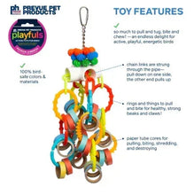 Hanging bird toy with rainbow plastic rings, paper tube, and chain for gripping