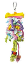 Colorful hanging bird chew toy with crinkled paper, fabric strips, and dangling ropes