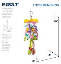 Hanging bird toy with yellow cap, multicolor fabric knots, ropes, and bead charm
